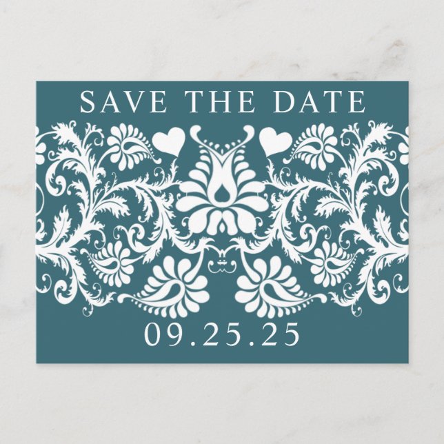 Carte Postale Faire-part Émeraude Vert Damask Save the Date (Devant)