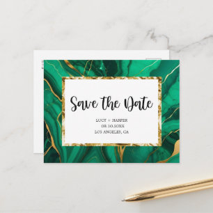 Carte Postale Faire-part Émeraude Verte & Agate Dorée Mariage Enregistrez l