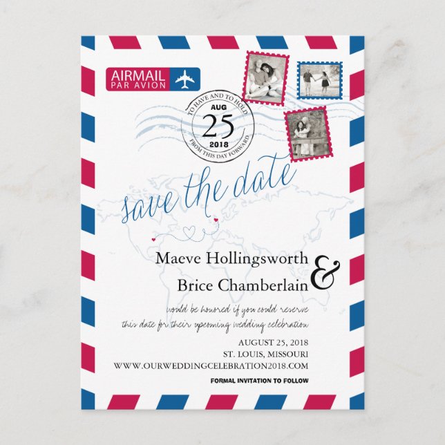Carte Postale Faire-part Emplacements Mondiaux Airmail Enregistrer La Date (Devant)