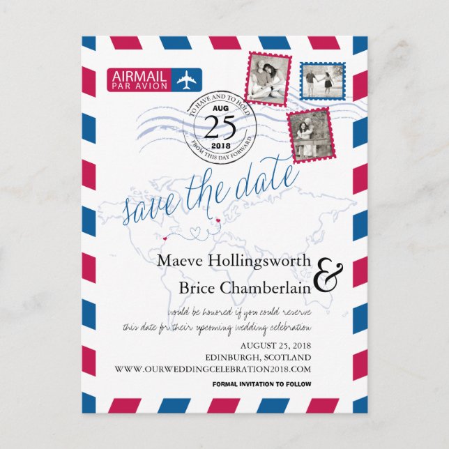 Carte Postale Faire-part Emplacements Mondiaux Airmail Enregistrer La Date (Devant)