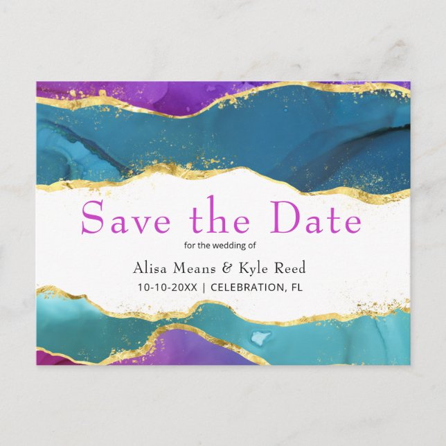 Carte Postale Faire-part Encre aquarelle abstraite Fuchsia rose sarcelle or (Devant)