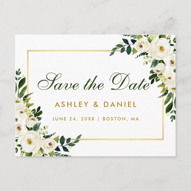 Carte Postale Faire-part Enregistrer la date Aquarelle Floral Vert Or Blanc (Devant)