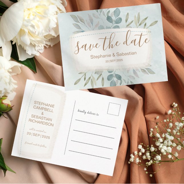 Carte Postale Faire-part Enregistrer la date Aquarelle rustique Dusty Blue  (Créateur téléchargé)