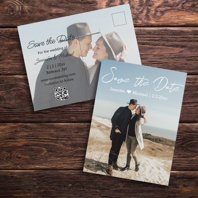 Carte Postale Faire-part enregistrer la date blanc écriture couple 2 photos (Créateur téléchargé)