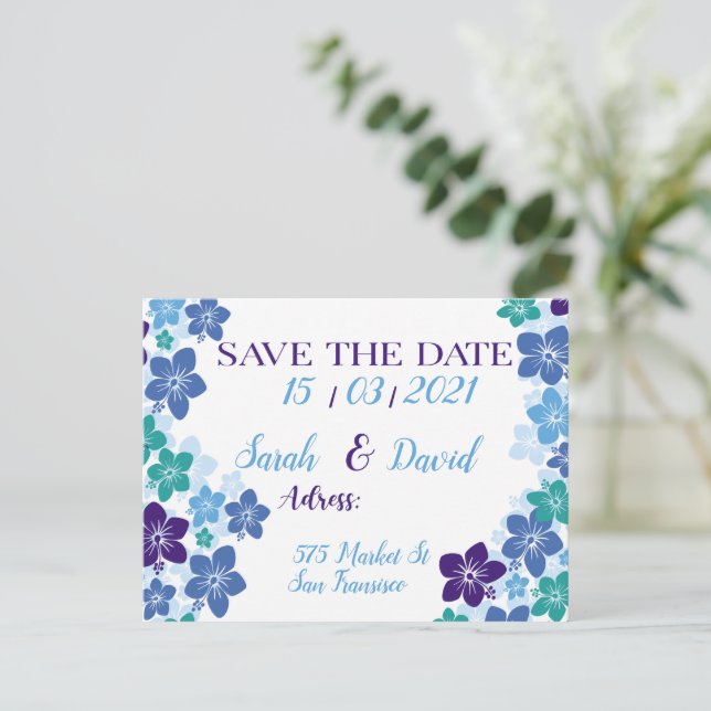 Carte Postale Faire-part Enregistrer la date bleu violet design pour le mar (Debout devant)