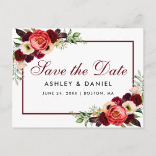 Carte Postale Faire-part Enregistrer La Date Boho Floral Bourgogne