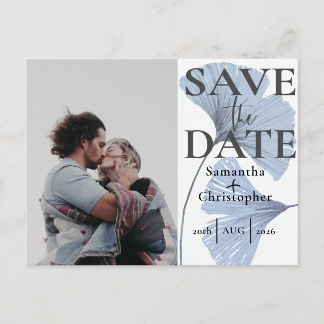 Carte Postale Faire-part Enregistrer la date Botanical Dusty Blue Photo Mar (Devant)