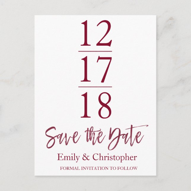 Carte Postale Faire-part Enregistrer la date Bourgogne Marsala Script moder (Devant)