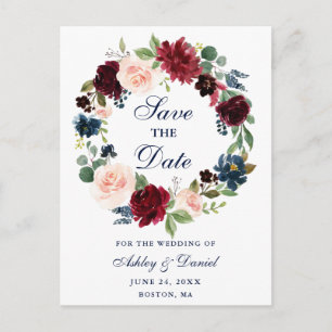 Carte Postale Faire-part Enregistrer la date Burgundy Blue Floral Wreath