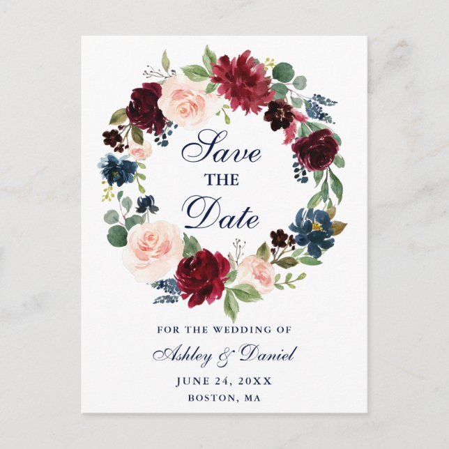 Carte Postale Faire-part Enregistrer la date Burgundy Blue Floral Wreath (Devant)