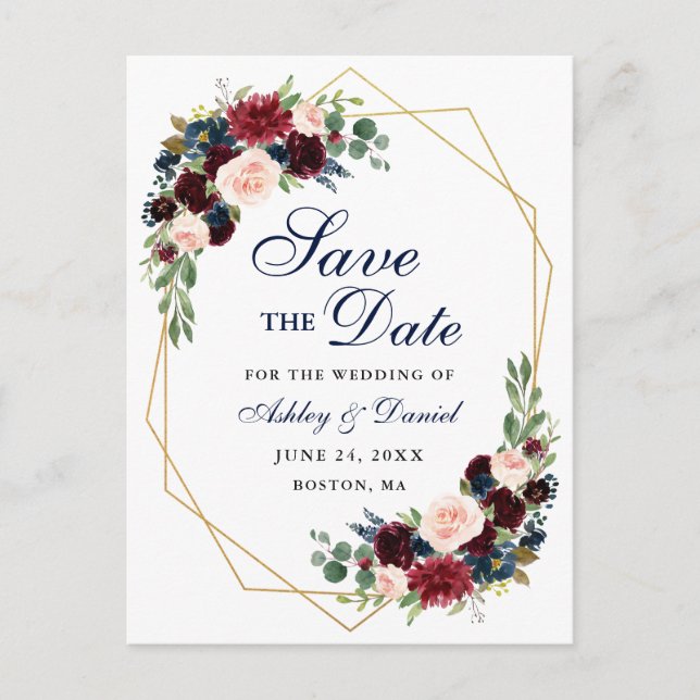 Carte Postale Faire-part Enregistrer la date Burgundy Floral Blue Gold Fram (Devant)