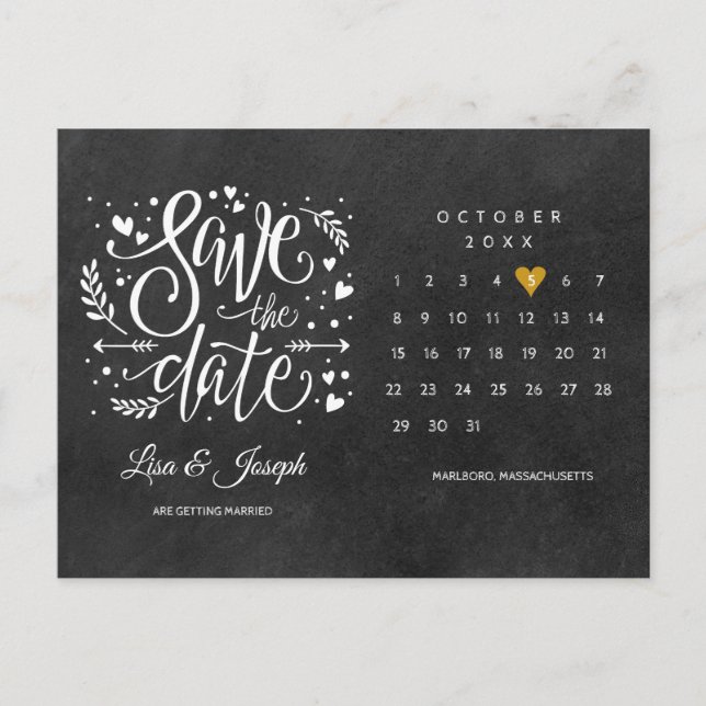 Carte Postale Faire-part Enregistrer la date Calendrier Gold Heart Chalkboa (Devant)