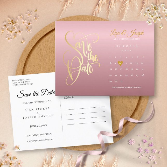 Carte Postale Faire-part Enregistrer la date Calendrier Rose Gold Chic Love (Save the Date Calendar Rose Gold Chic Love Heart Announcement Postcard)