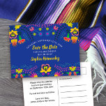 Carte Postale Faire-part Enregistrer la date Colorful mexicaine Fiesta Roya<br><div class="desc">Enregistrez la carte postale Date que vous pouvez customiser pour convenir à toute occasion. Le design floral mexicain de la fiesta regorge de fleurs colorées sur le devant, avec une typographie brossée manuscrite en jaune, sur un arrière - plan bleu royal. Le modèle est mis en place pour que vous...</div>