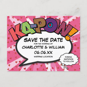 Carte Postale Faire-part Enregistrer la date Comic Book KAPOW Modern Pink F