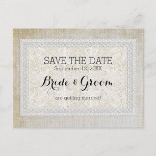 Carte Postale Faire-part Enregistrer la date Dentelle rustique w Lin Vintag