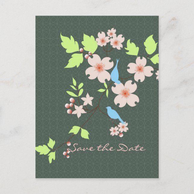 Carte Postale Faire-part Enregistrer la date deux oiseaux bleus sur la bran (Devant)