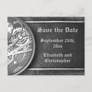 Carte Postale Faire-part Enregistrer la date engrenages steampunk noir et b