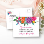 Carte Postale Faire-part Enregistrer la date Fleurs Fiesta Blanc et Floral<br><div class="desc">Floral Enregistrer la date Cartes postales avec des fleurs de fiesta aquarelle, qui peut être customisé pour toute occasion. Cette carte blanche regorge de fleurs colorées, d'élégants scripts roses et de typographie moderne. Une belle décoration florale avec des pivoines, rose, fuchsia, lys et verdure dans les tons rose, violet, orange,...</div>
