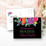 Carte Postale Faire-part Enregistrer la date Fleurs Fiesta Noir et Floral<br><div class="desc">Floral Enregistrer la date Cartes postales avec des fleurs de fiesta aquarelle, qui peut être customisé pour toute occasion. Cette carte noire regorge de fleurs colorées, d'élégants scripts roses et de typographie moderne. Une belle décoration florale avec des pivoines, rose, fuchsia, lys et verdure dans les tons rose, violet, orange,...</div>