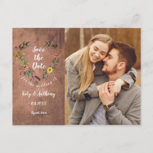 Carte Postale Faire-part Enregistrer la date Floral Heart Rustic Photo Mari