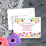 Carte Postale Faire-part Enregistrer la date Floral Mexicain Fiesta Blanc<br><div class="desc">Enregistrez la carte postale Date que vous pouvez customiser pour convenir à toute occasion. Le design floral regorge de jolies fleurs mexicaines de Fiesta à l'avant, avec une typographie douce en rose. Le modèle est mis en place pour que vous personnalisiez la carte postale avec votre date spéciale, votre occasion...</div>