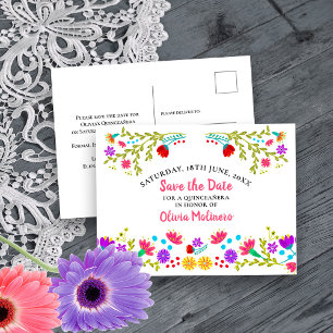 Carte Postale Faire-part Enregistrer la date Floral Mexicain Fiesta Blanc