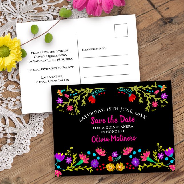 Carte Postale Faire-part Enregistrer la date Floral Mexicaine Fiesta Black (Quinceanera save the date from my Mexican Fiesta Floral collection
)