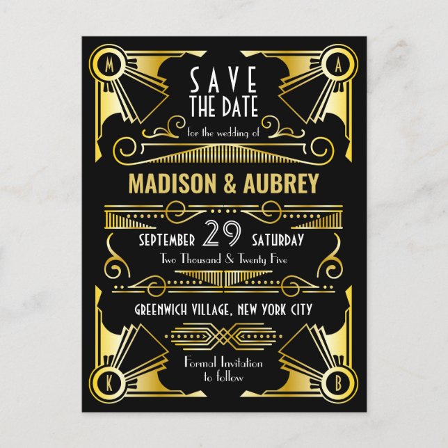 Carte Postale Faire-part Enregistrer la date Gatsby Mariage Art Déco Gold B (Devant)
