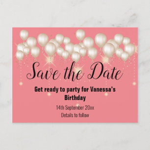 Carte Postale Faire-part Enregistrer la date Gold Balloons Sparkle PEACH