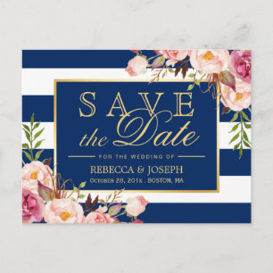Carte Postale Faire-part Enregistrer la date - Gold Floral Navy Blue Stripe