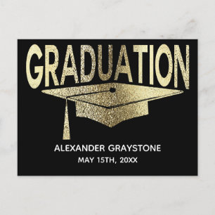 Carte Postale Faire-part Enregistrer La Date Graduation Black & Faux Gold M