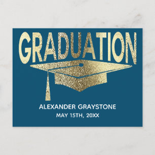 Carte Postale Faire-part Enregistrer La Date Graduation Bleu & Faux Or Mode