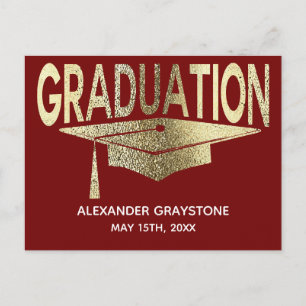 Carte Postale Faire-part Enregistrer La Date Graduation Rouge & Faux Or Mod