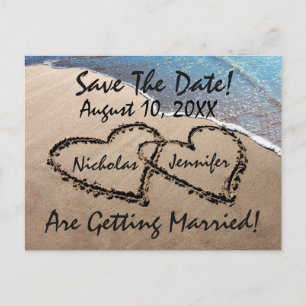 Carte Postale Faire-part Enregistrer La Date Hearts Sand Beach Wedding Cart