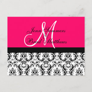 Carte Postale Faire-part Enregistrer la date Hot Pink Monogram Damask Card