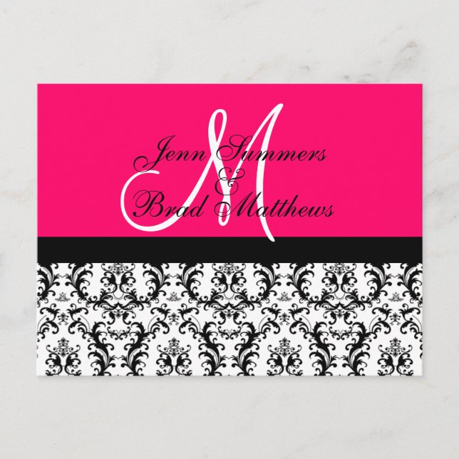 Carte Postale Faire-part Enregistrer la date Hot Pink Monogram Damask Card (Devant)