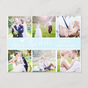Carte Postale Faire-part ENREGISTRER LA DATE Mariage bleu clair 6 PHOTO Car