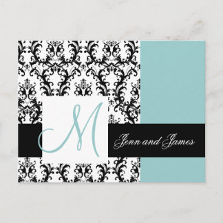 Carte Postale Faire-part Enregistrer la date Monogram Mariage damassé Blue