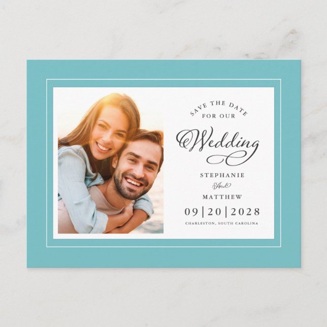 Carte Postale Faire-part Enregistrer La Date Photo Aqua Blue Green Chic Mar (Devant)