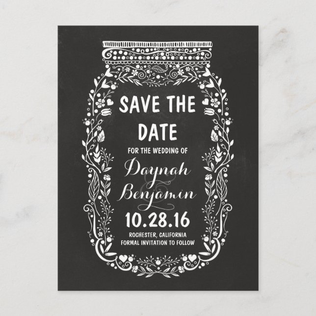 CARTE POSTALE FAIRE-PART ENREGISTRER LA DATE POT EN VERRE FLEURAL ARDOISE (Devant)