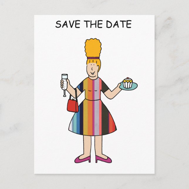 Carte Postale Faire-part Enregistrer la date pour Tea Party Cartoon Lady (Devant)