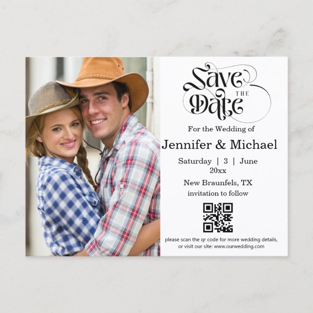 Carte Postale Faire-part enregistrer la date qr code photo simple mariage (Devant)