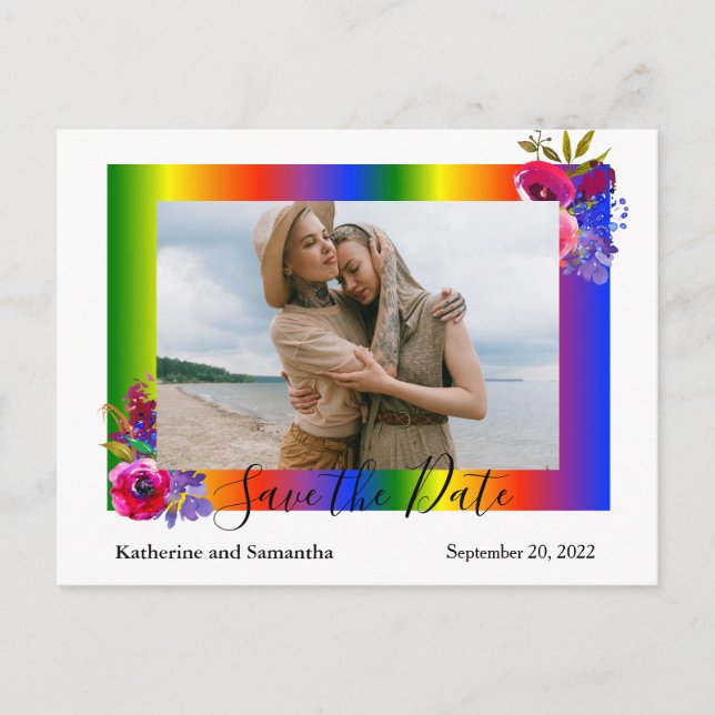 Carte Postale Faire-part Enregistrer la date Rainbow Gay floral (Devant)