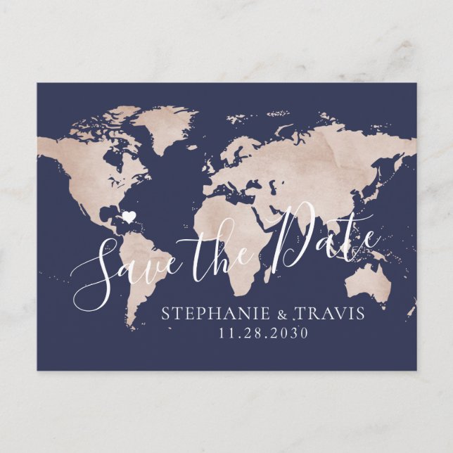 Carte Postale Faire-part Enregistrer la date Rose Gold World Map Enregistre (Devant)