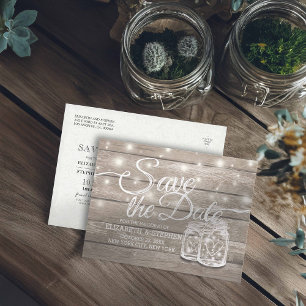 Carte Postale Faire-part Enregistrer La Date Rustique Bois Mason Jar Éclair