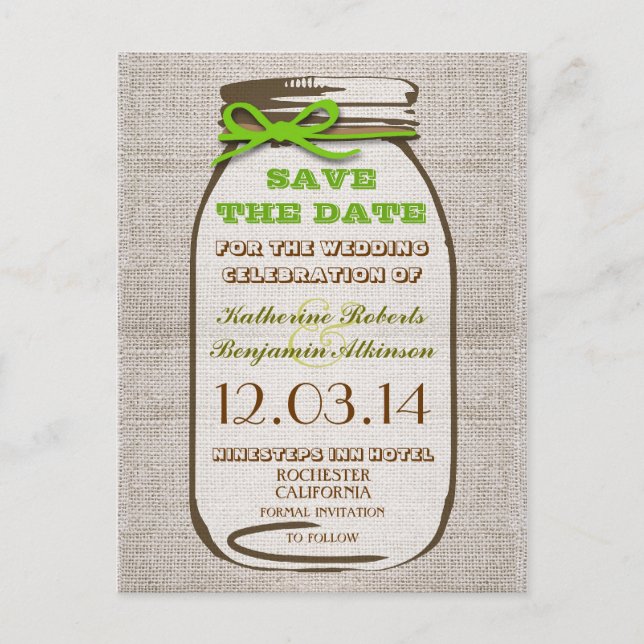 Carte Postale Faire-part enregistrer la date rustique burlap mason jar (Devant)
