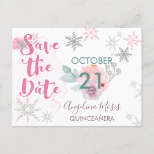 Carte Postale Faire-part Enregistrer la date Silver Pink Snowflakes and Flo