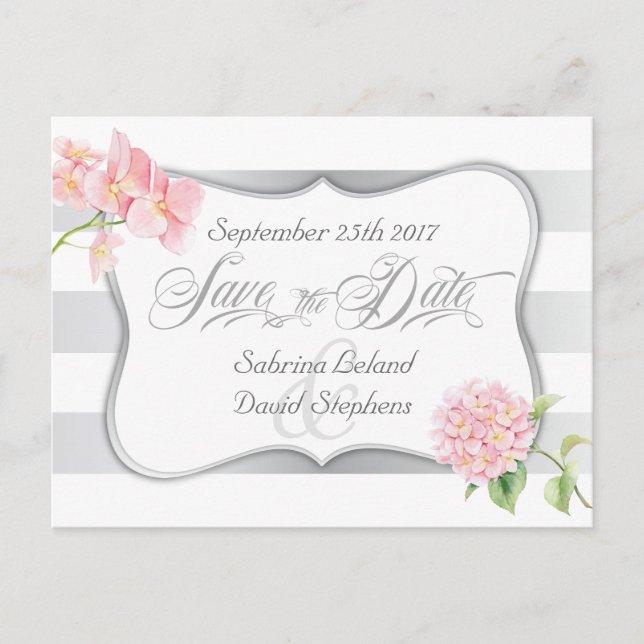 Carte Postale Faire-part Enregistrer la date Silver Stripes et Pink Hydrang (Devant)