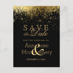 Carte Postale Faire-part Enregistrer la date Stylish Black and Gold Snowfla